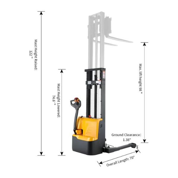 A-3038 Xilin Apollolift Powered Forklift Full Electric Walkie Stacker 2640lbs Cap. Straddle Legs.98" lifting - GoLift Equipment Sales
