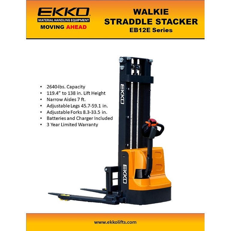 EKKO EB12E-138 Full Powered Straddle Stacker 2640 lb Cap., 138" Height - GoLift Equipment Sales
