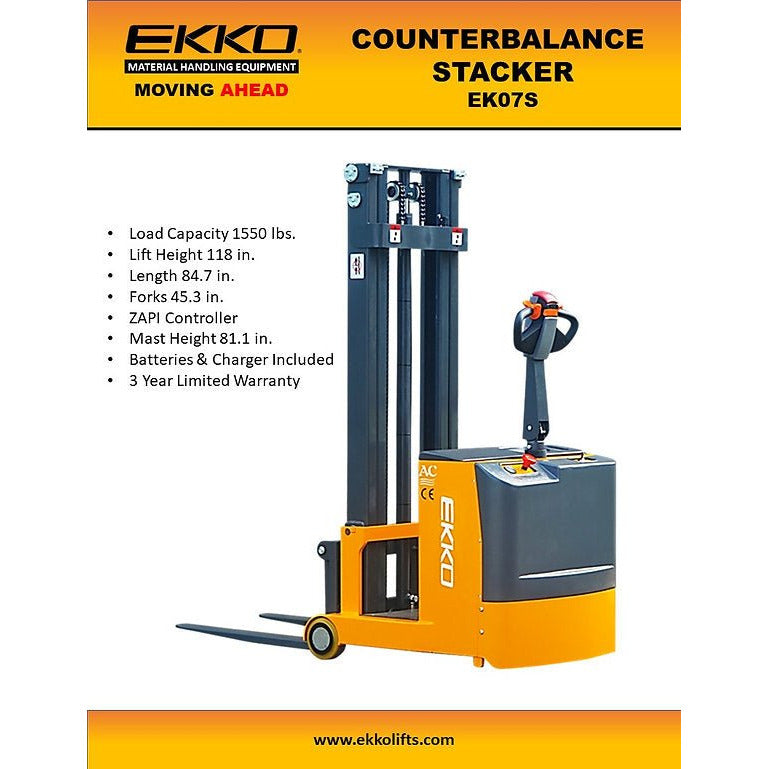 EKKO EK07S Counterbalance Walkie Stacker 1550lbs. Cap., 118" Height - GoLift Equipment Sales