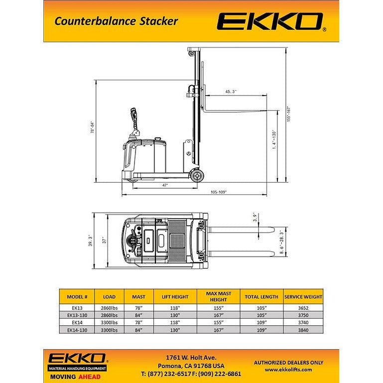 EKKO EK14-130 Counterbalanced Walkie Stacker 3300 lb Cap., 130" Height - GoLift Equipment Sales