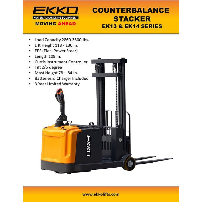 EKKO EK14-130 Counterbalanced Walkie Stacker 3300 lb Cap., 130" Height - GoLift Equipment Sales