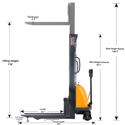 Semi-Electric Stacker A-3016 | 3300lb Capacity | 118in Lift