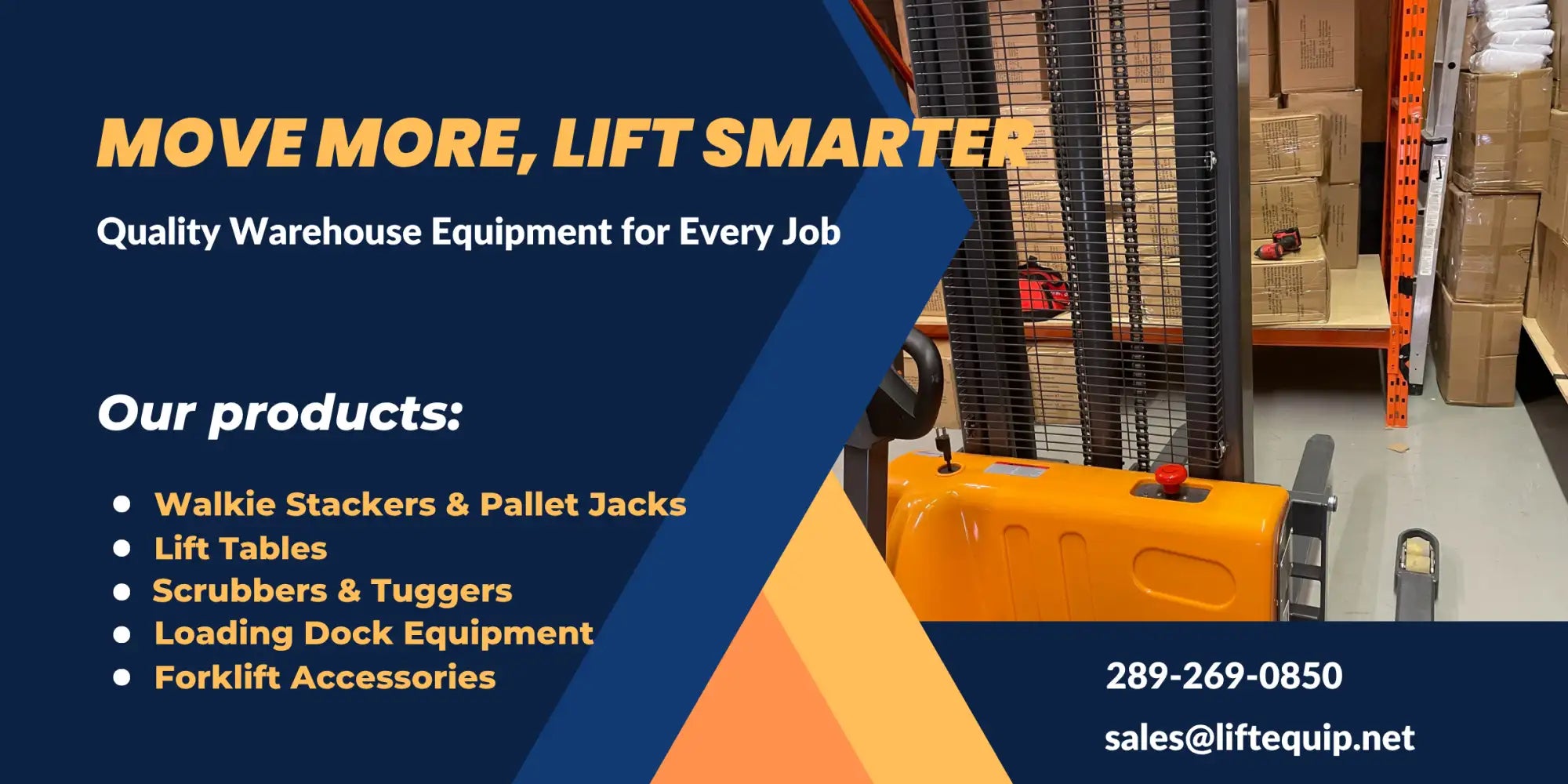 Bright orange electric pallet jack with black handle and red control button.
