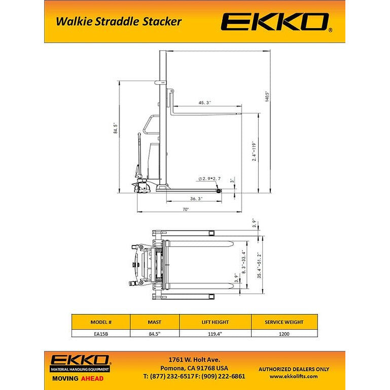 EKKO EA15B Semi-Electric Straddle Stacker 3300lbs. Cap., 119.4" Height - GoLift Equipment Sales