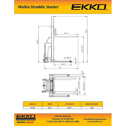 EKKO EA15B Semi-Electric Straddle Stacker 3300lbs. Cap., 119.4" Height - GoLift Equipment Sales