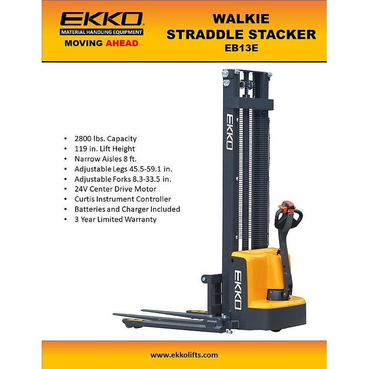 EKKO EB13E Full Powered Straddle Stacker 2800 lb Cap., 119" Height - GoLift Equipment Sales