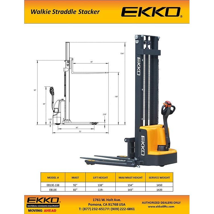 EKKO EB13E Full Powered Straddle Stacker 2800 lb Cap., 119" Height - GoLift Equipment Sales