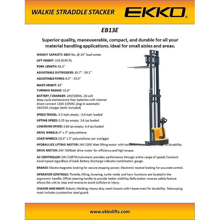 EKKO EB13E Full Powered Straddle Stacker 2800 lb Cap., 119" Height - GoLift Equipment Sales