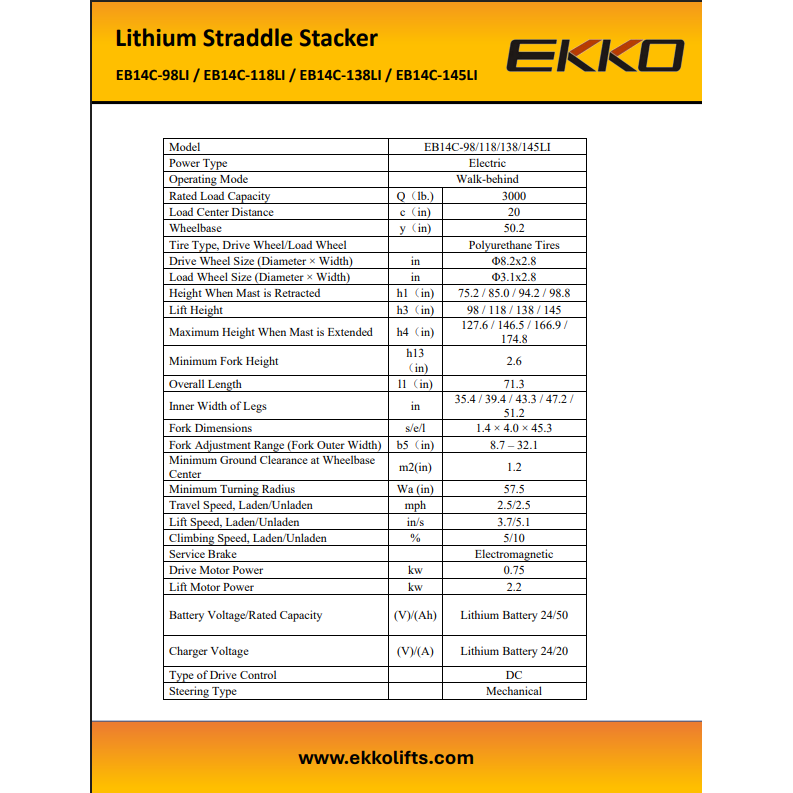 EKKO EB14C Electric Straddle Stacker 3000 lb | Ships Across Canada | GoLift