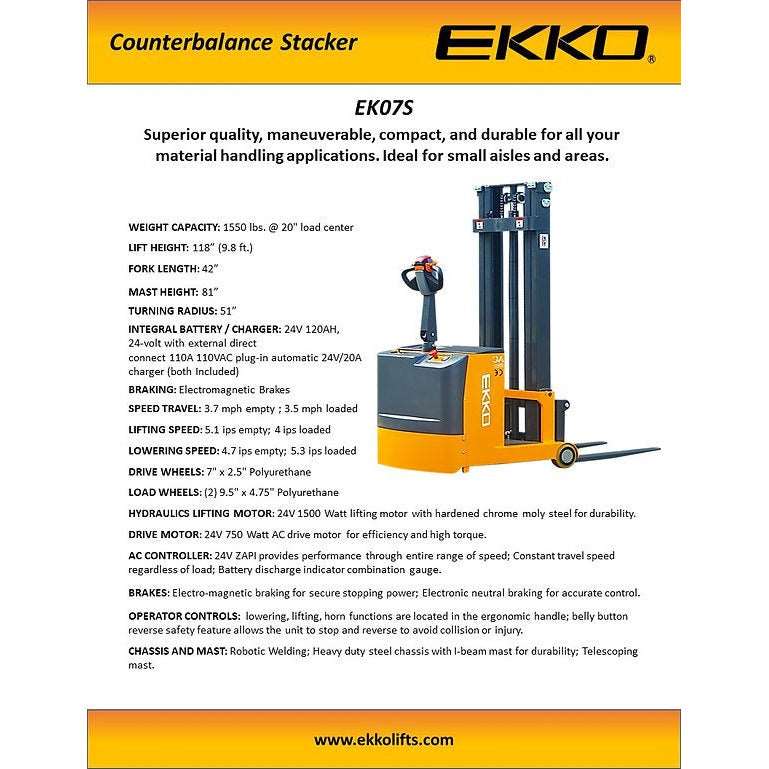 EKKO EK07S Counterbalance Walkie Stacker 1550lbs. Cap., 118" Height - GoLift Equipment Sales