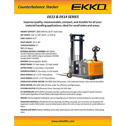EKKO EK14-130 Counterbalanced Walkie Stacker 3300 lb Cap., 130" Height - GoLift Equipment Sales