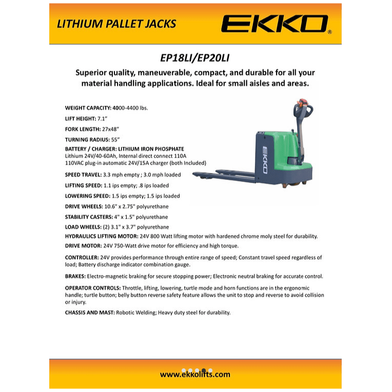 EKKO EP20Li Lithium Iron Phosphate Pallet Jack 4400 lb Capacity - GoLift Equipment Sales