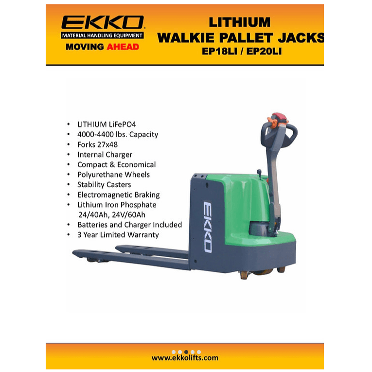 EKKO EP20Li Lithium Iron Phosphate Pallet Jack 4400 lb Capacity - GoLift Equipment Sales