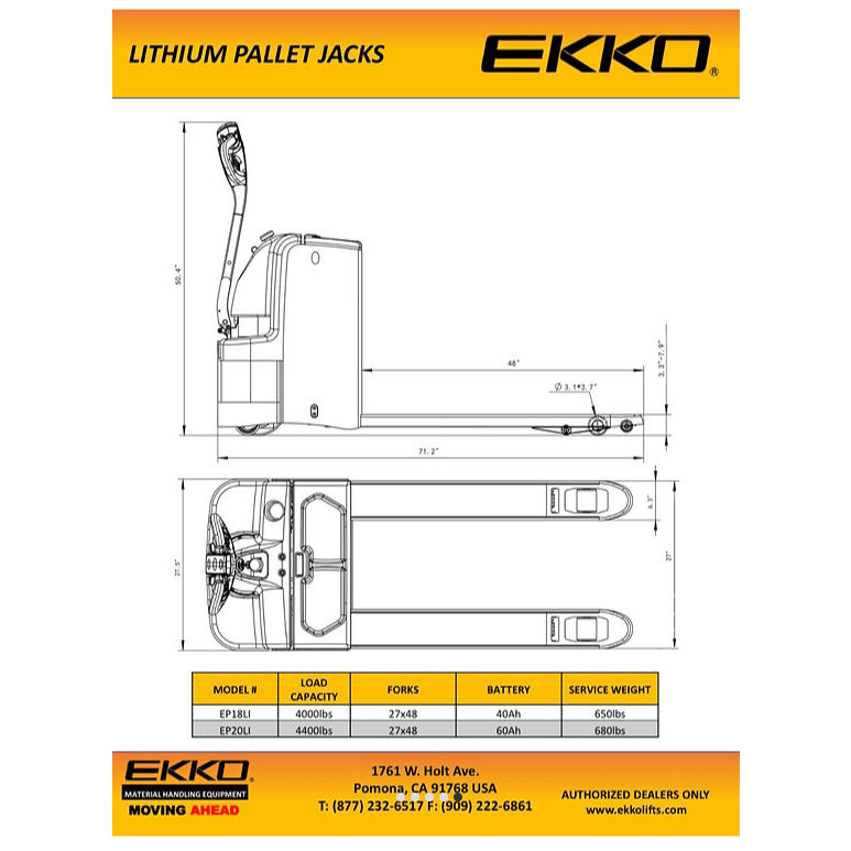 EKKO EP20Li Lithium Iron Phosphate Pallet Jack 4400 lb Capacity - GoLift Equipment Sales