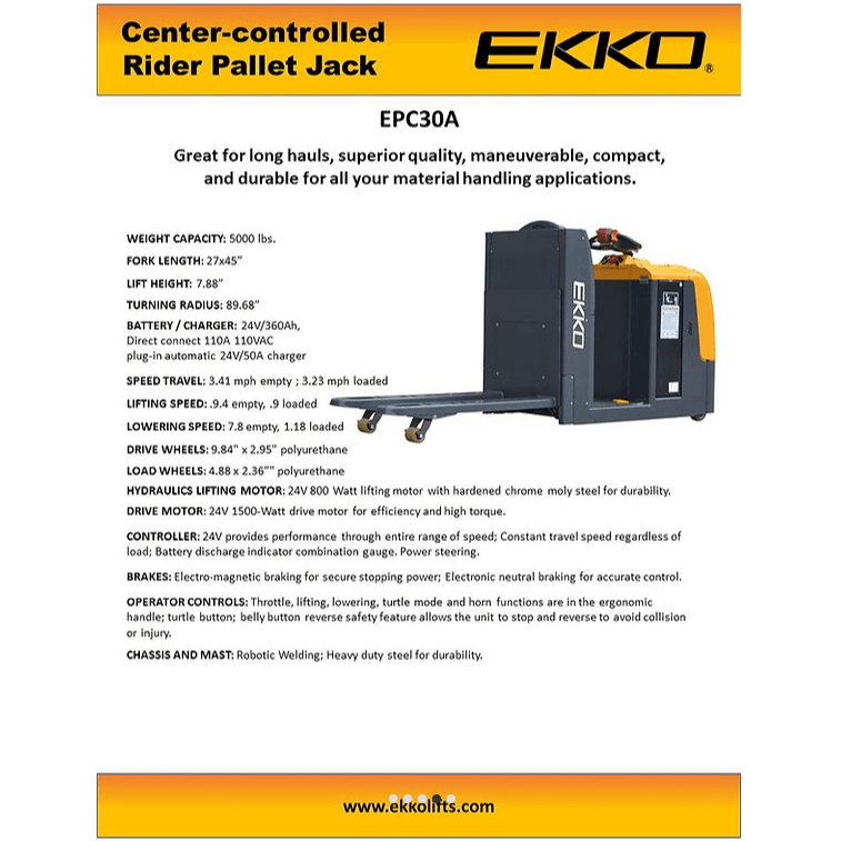 EKKO EPC30A Center - Controlled Rider Pallet Jack 5000lbs. Capacity - GoLift Equipment Sales