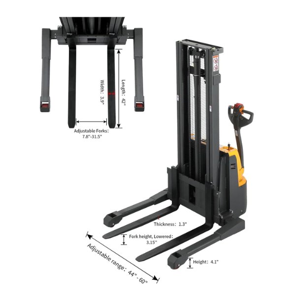 A-3022 Xilin Apollolift Powered Forklift Full Electric Walkie Stacker 3300lbs Cap. Straddle Legs. 98" lifting - GoLift Equipment Sales