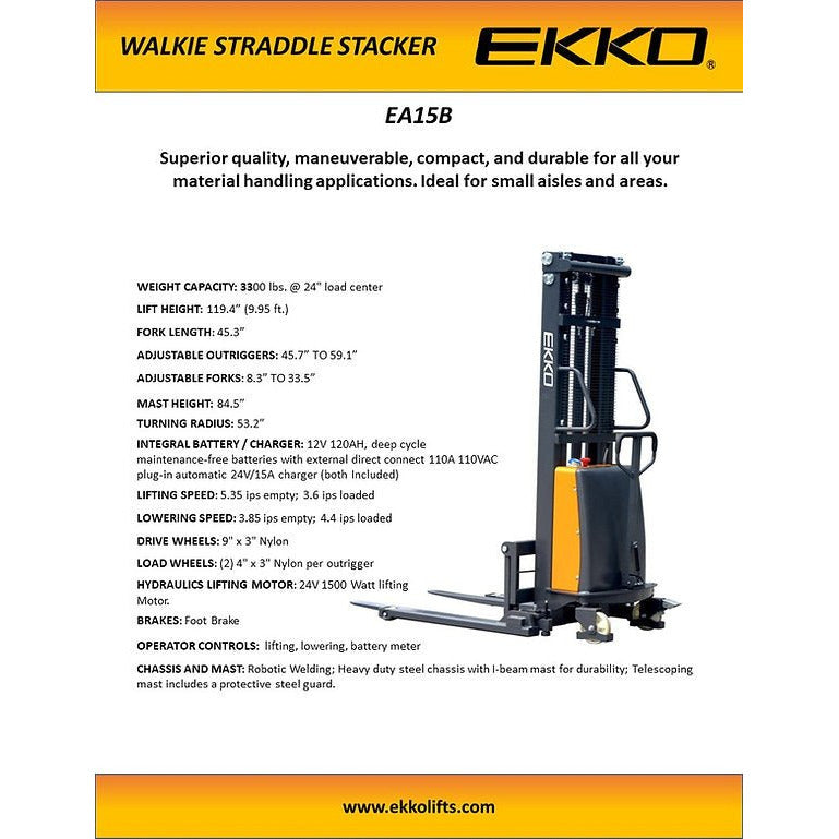 EKKO EA15B Semi-Electric Straddle Stacker 3300lbs. Cap., 119.4" Height - GoLift Equipment Sales