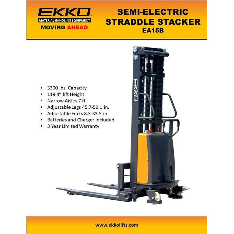 EKKO EA15B Semi-Electric Straddle Stacker 3300lbs. Cap., 119.4" Height - GoLift Equipment Sales