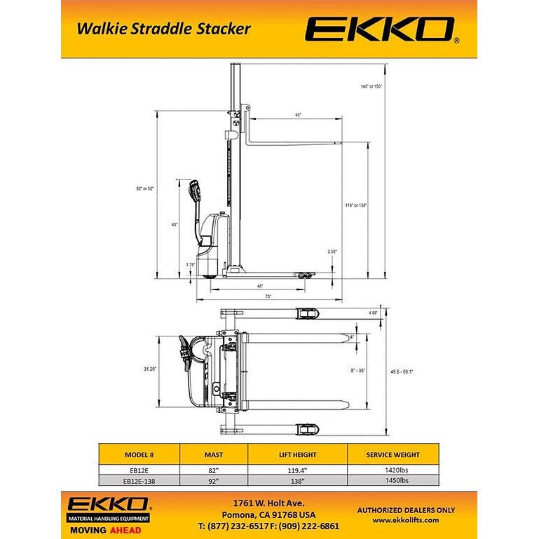 EKKO EB12E-138 Full Powered Straddle Stacker 2640 lb Cap., 138" Height - GoLift Equipment Sales