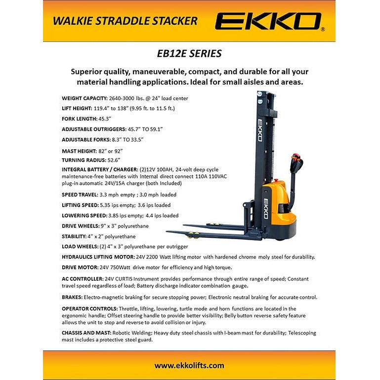 EKKO EB12E-138 Full Powered Straddle Stacker 2640 lb Cap., 138" Height - GoLift Equipment Sales