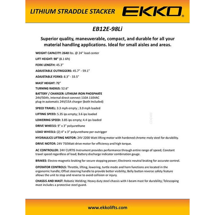 EKKO EB12E-98Li Lithium Iron Phosphate Straddle Stacker 72"Mast, 98" Lift - GoLift Equipment Sales