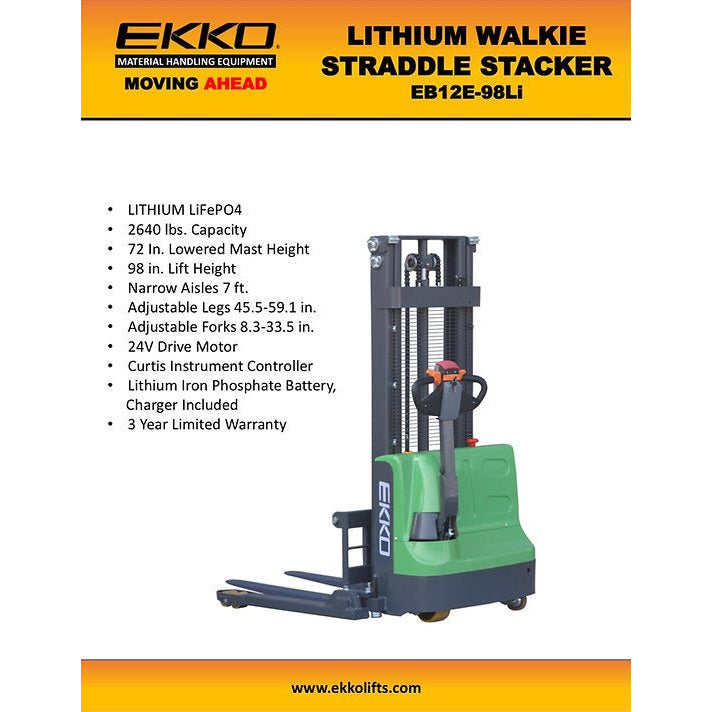 EKKO EB12E-98Li Lithium Iron Phosphate Straddle Stacker 72"Mast, 98" Lift - GoLift Equipment Sales