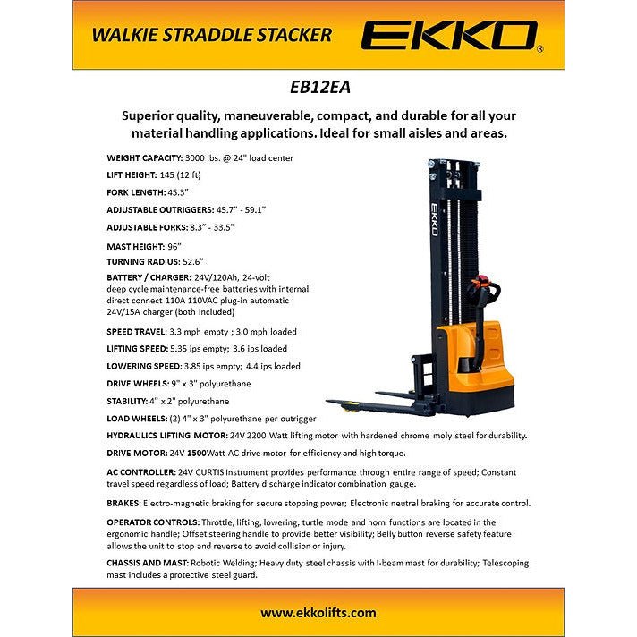 EKKO EB12EA Full Powered Straddle Stacker 3000 lb Cap., 145.67" Height - GoLift Equipment Sales