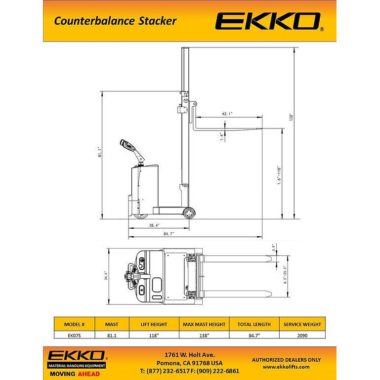 EKKO EK07S Counterbalance Walkie Stacker 1550lbs. Cap., 118" Height - GoLift Equipment Sales