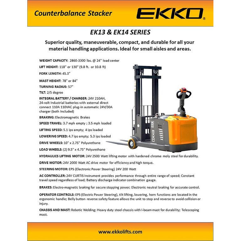 EKKO EK14-130 Counterbalanced Walkie Stacker 3300 lb Cap., 130" Height - GoLift Equipment Sales