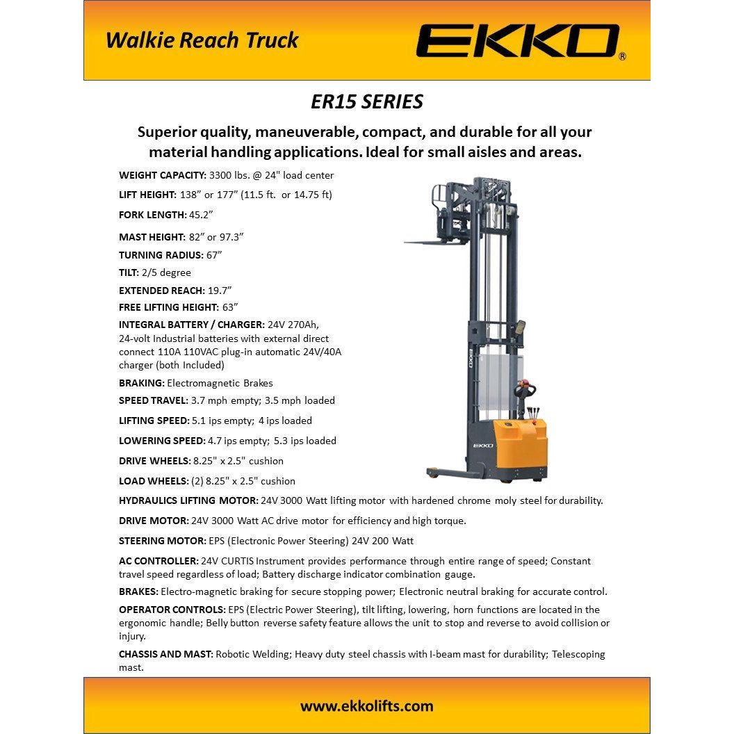 EKKO ER15 Walkie Reach Truck 3300 lb Cap., 177" Height, Side Shift - GoLift Equipment Sales